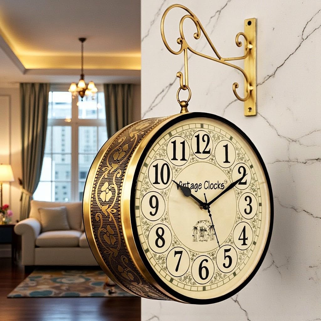 Vintage Clock Handcrafted Analog Double Side Clock / 10 Inch/Brass Finish/VC-65090