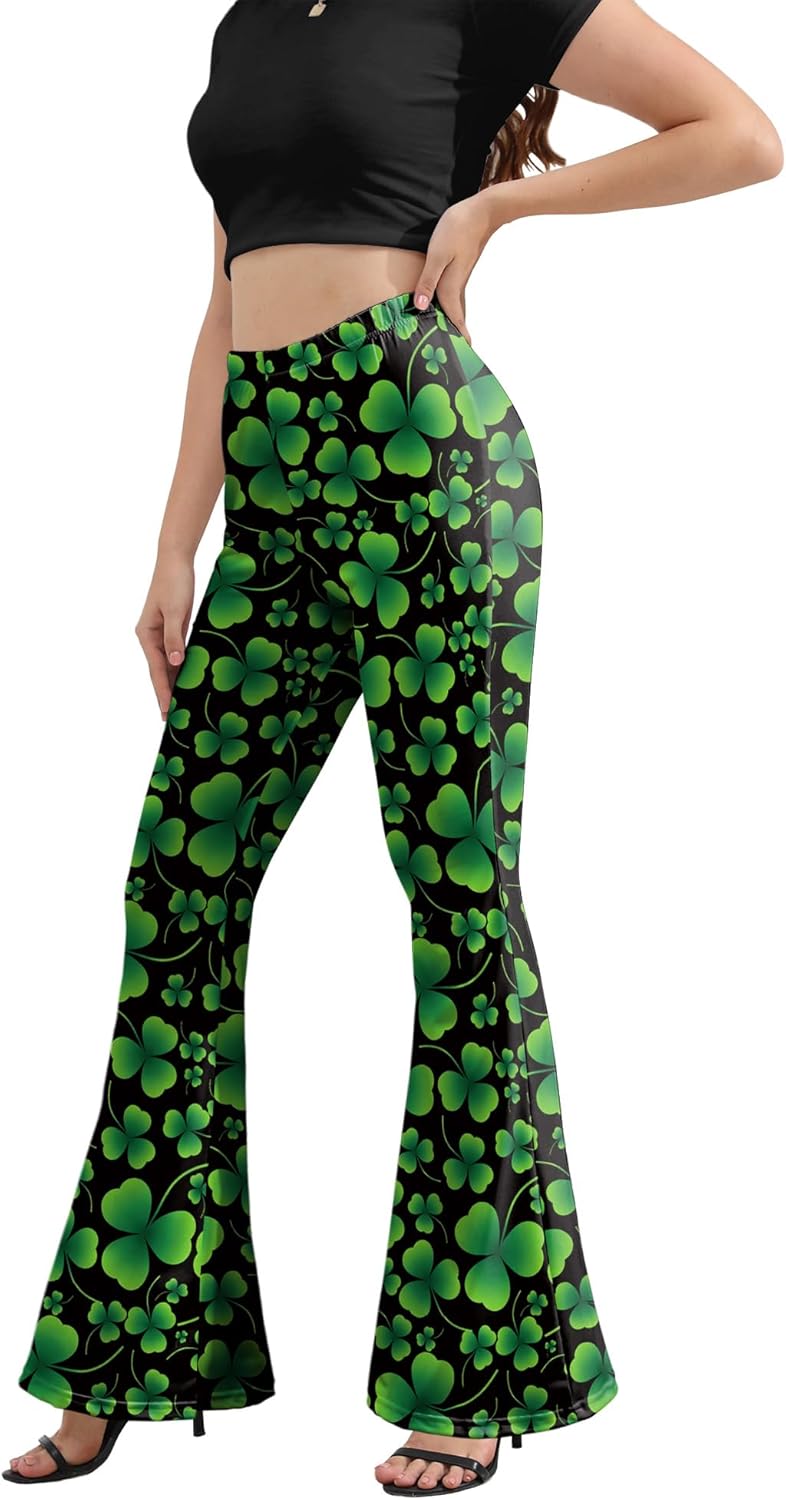Womens St Patricks Day Bell Bottoms Leggings, High Waisted Printed Flare Plus Size Bell Bottoms Pants Green Pants Black - Image 2