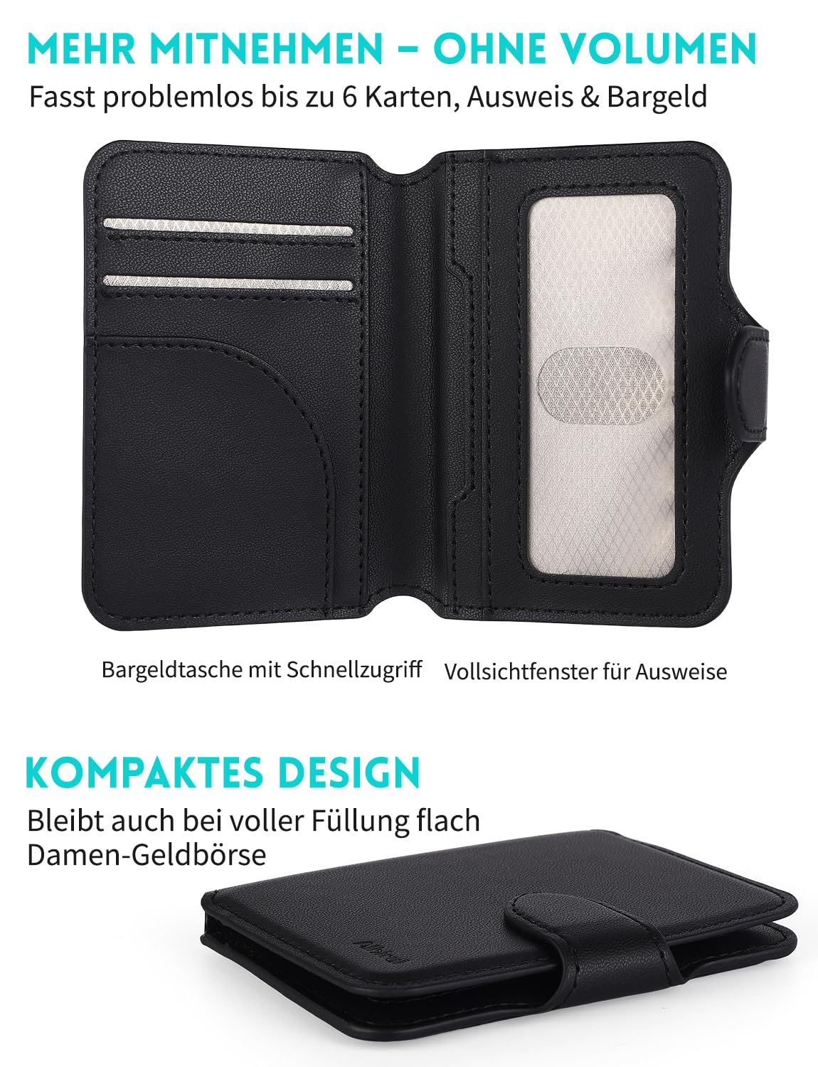 Magnetic Wallet Slim, 4000G Starke Magnetkraft Geldbörse für iPhone 17/16/15/14/13/12 Serie, RFID-Schutz Magnetic Kartenhalter Dünn mit 6-Kartenkapazität & Telefonständer (Schwarz)
