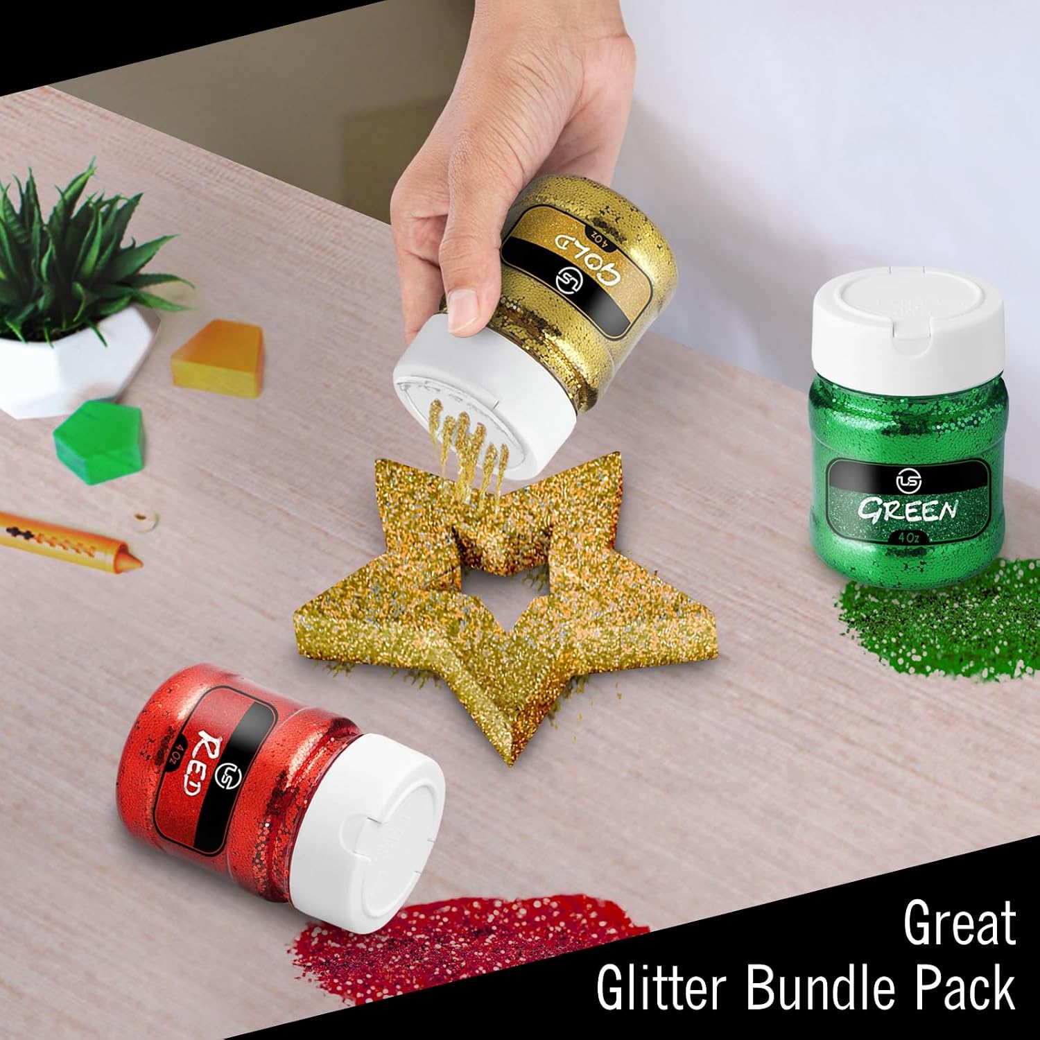 Glitter Bulk Set, Fine Christmas Glitter for Crafts, Resin and Scrapbooking 3 Pack – 4 OZ EA Christmas Confetti Pack for Décor and Crafts, Red, Green, Clear, Gold