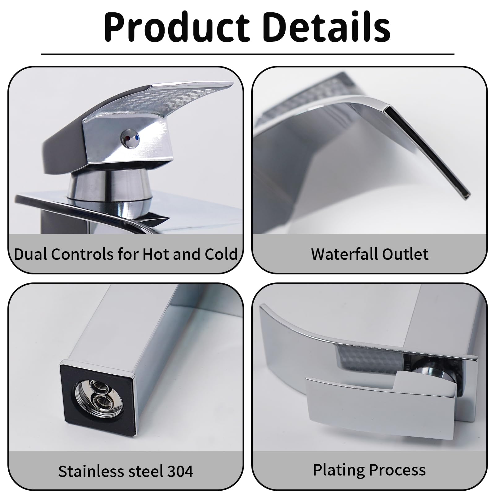 Grifo Lavabo Cascada Acero Inoxidable Grifo Monomando Lavabo de Agua Caliente y Fría Grifos para Lavabos de Baño con Cartuchos Cerámicos Grifería de Bajo Consumo Cromado Plata