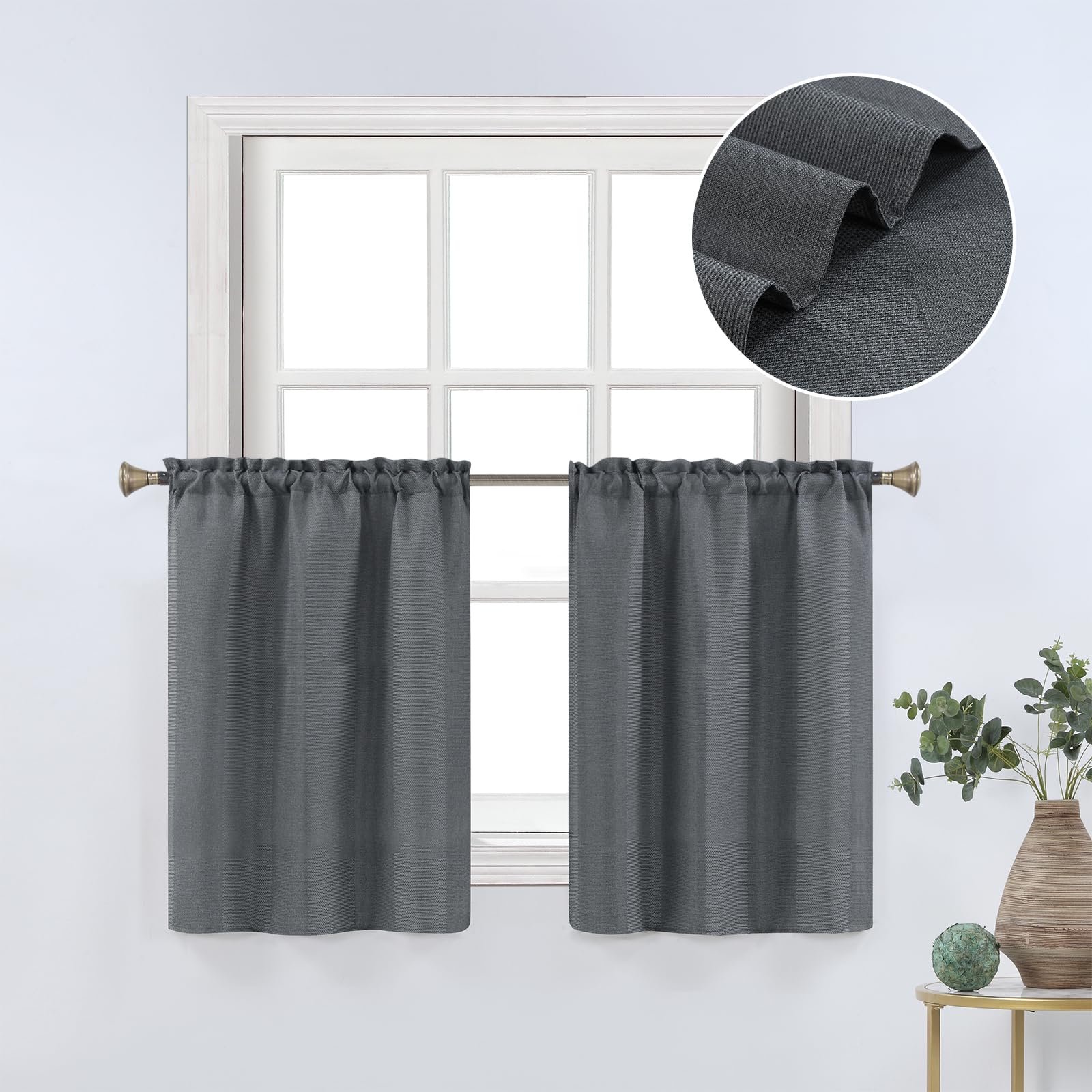 Home Queen Small Bathroom Window Curtain, Line Texture Cafe Curtains for Kitchen, Living Room, 29 x 45 Inch, Charcoal