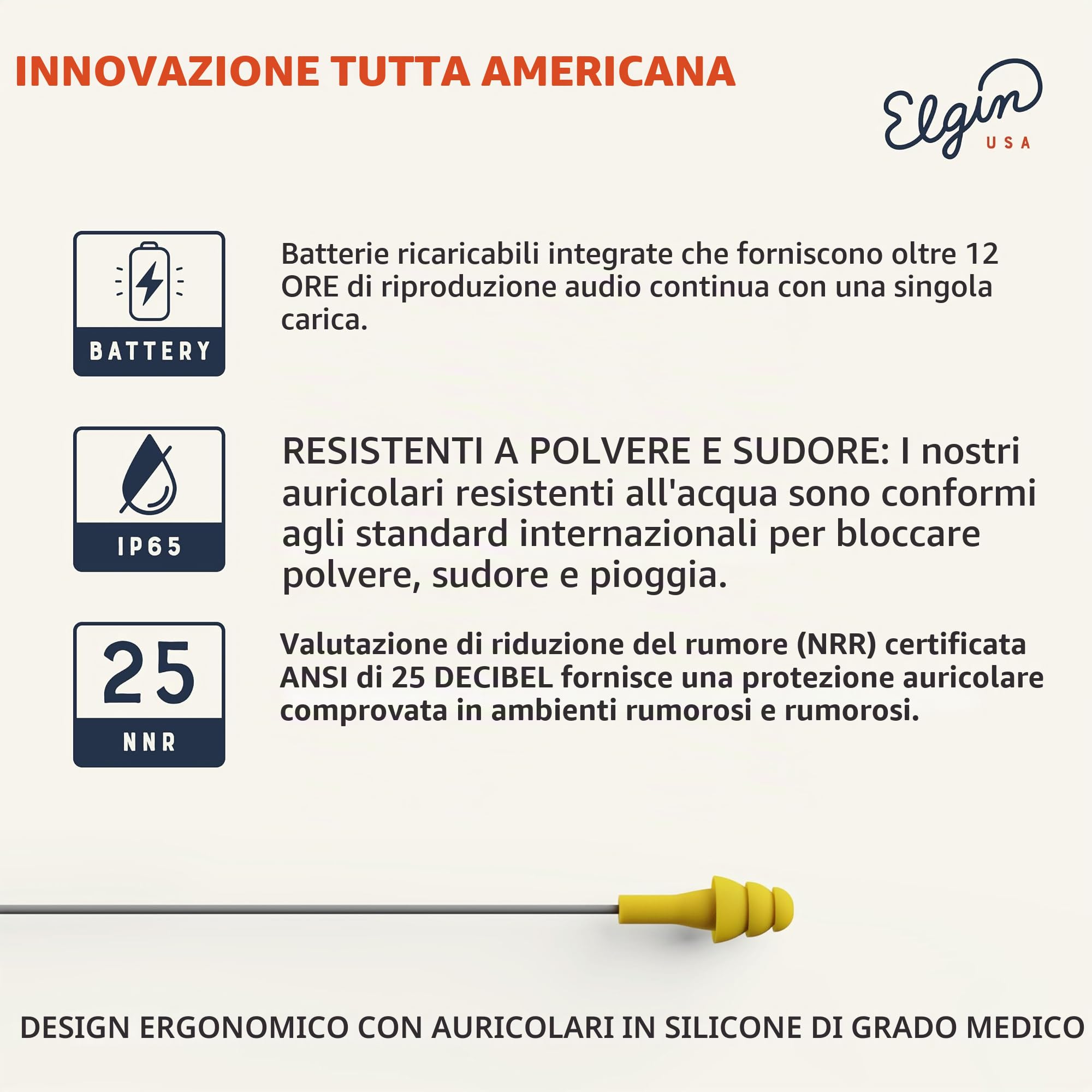 Elgin Ruckus - Auricolari Bluetooth wireless, 25 dB, riduzione del rumore, microfono con cancellazione del rumore, batteria 12 ore, IP65, protezione acustica conforme OSHA, sicurezza sul lavoro