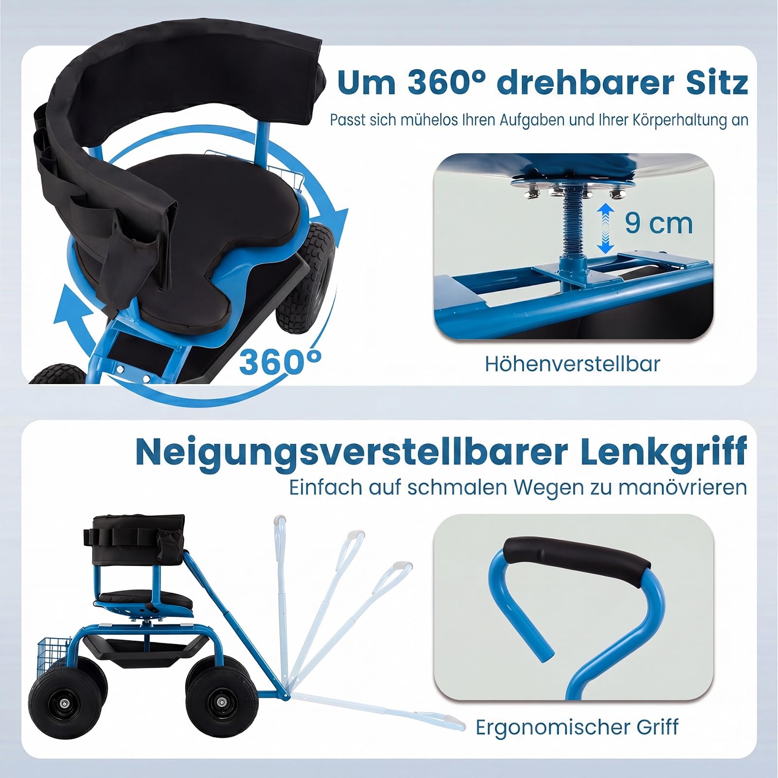 COSTWAY Gartenwagen mit Rollsitz & ausziehbarem Griff, Mobiler Gartensitz mit Ablage & Korb & Werkzeugtasche & Sitzkissen, 360 ° drehbar | höhenverstellbar, Lenkbarer Gartenhocker bis 135 kg (Blau)