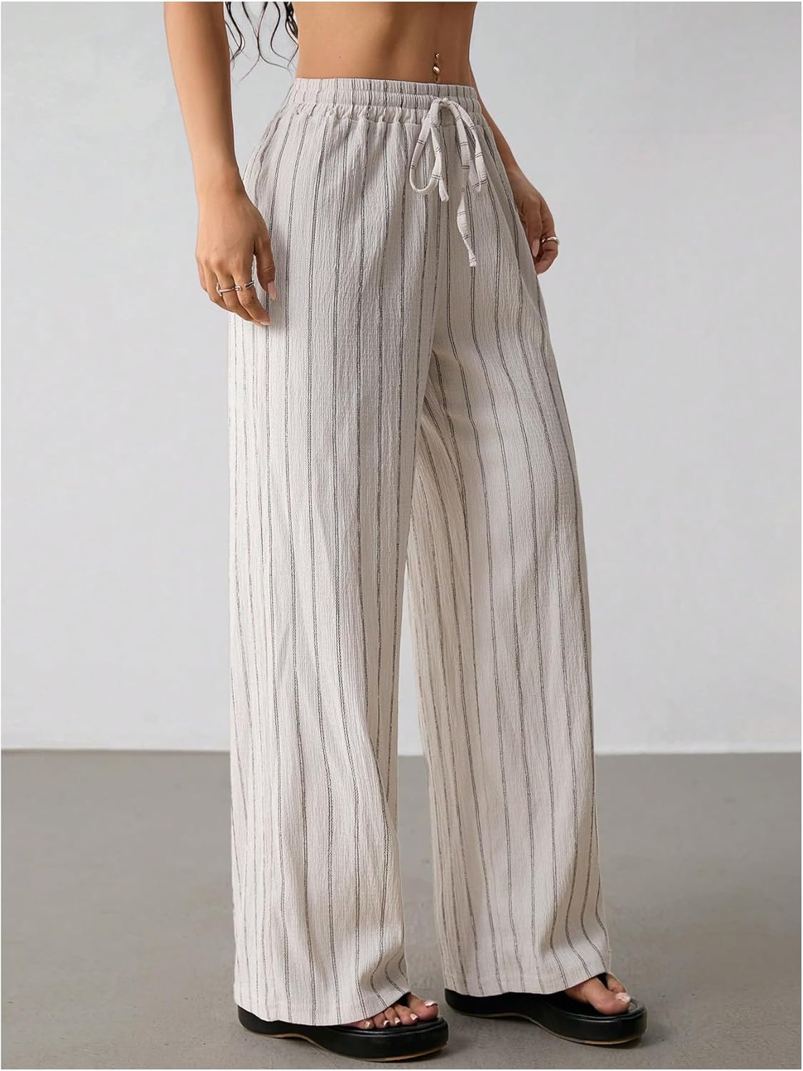 Women's Striped Wide Leg Pants Drawstring Waist Vacation Baggy Lounge Pants Trousers