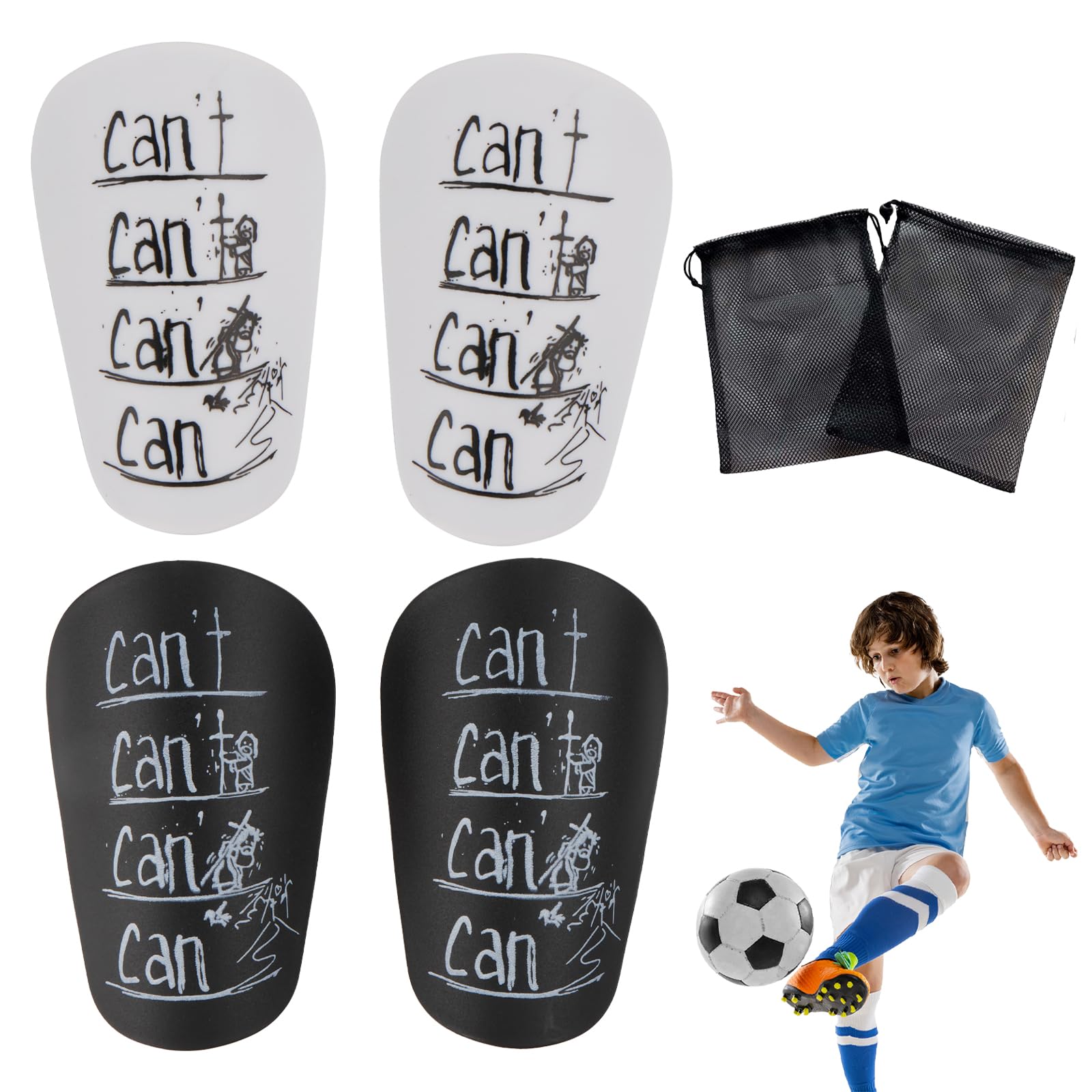 6 Parastinchi Da Calcio Per Bambini, In EVA, Leggeri, 10x6 Cm, Colori Nero, Bianco, Grigio - 4