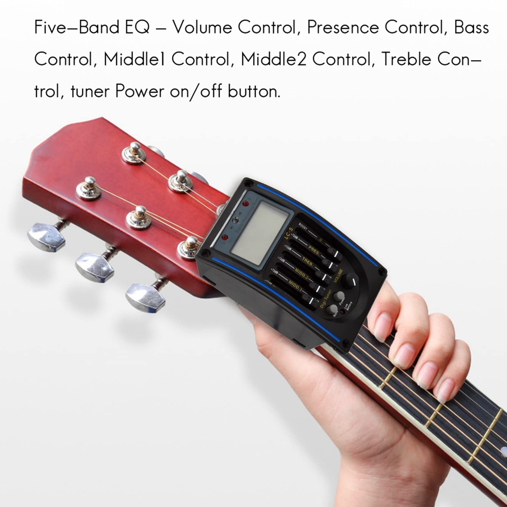 5-Band Equalizer Tonabnehmer Akustik Gitarren Vorverstärker Tuner mit LCD Display und Lautstärke Regler LC-5, Schwarz