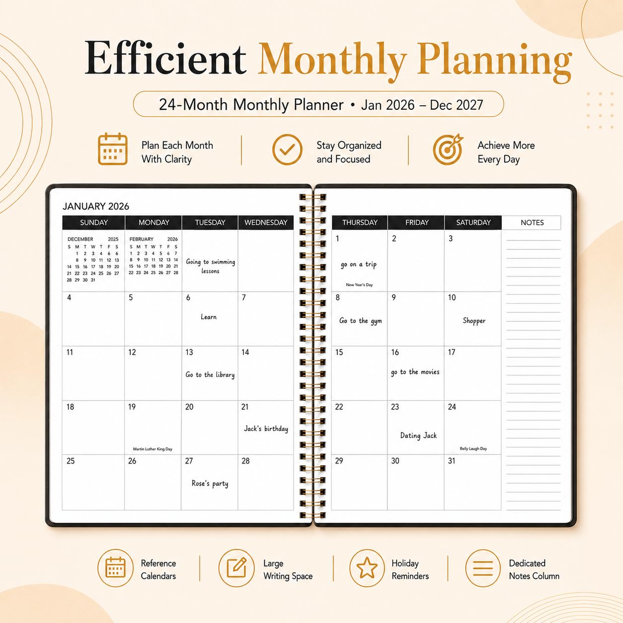 Monatsplaner Januar 2026 - Dezember 2027, Monatsplaner für 24 Monate, 22,9 x 27,9 cm, Lehrerplaner, Monatsplaner, Hart-PVC-Einband, Spiralbindung, Zeitmanagement-Kalender, perfekt für Schule und Büro