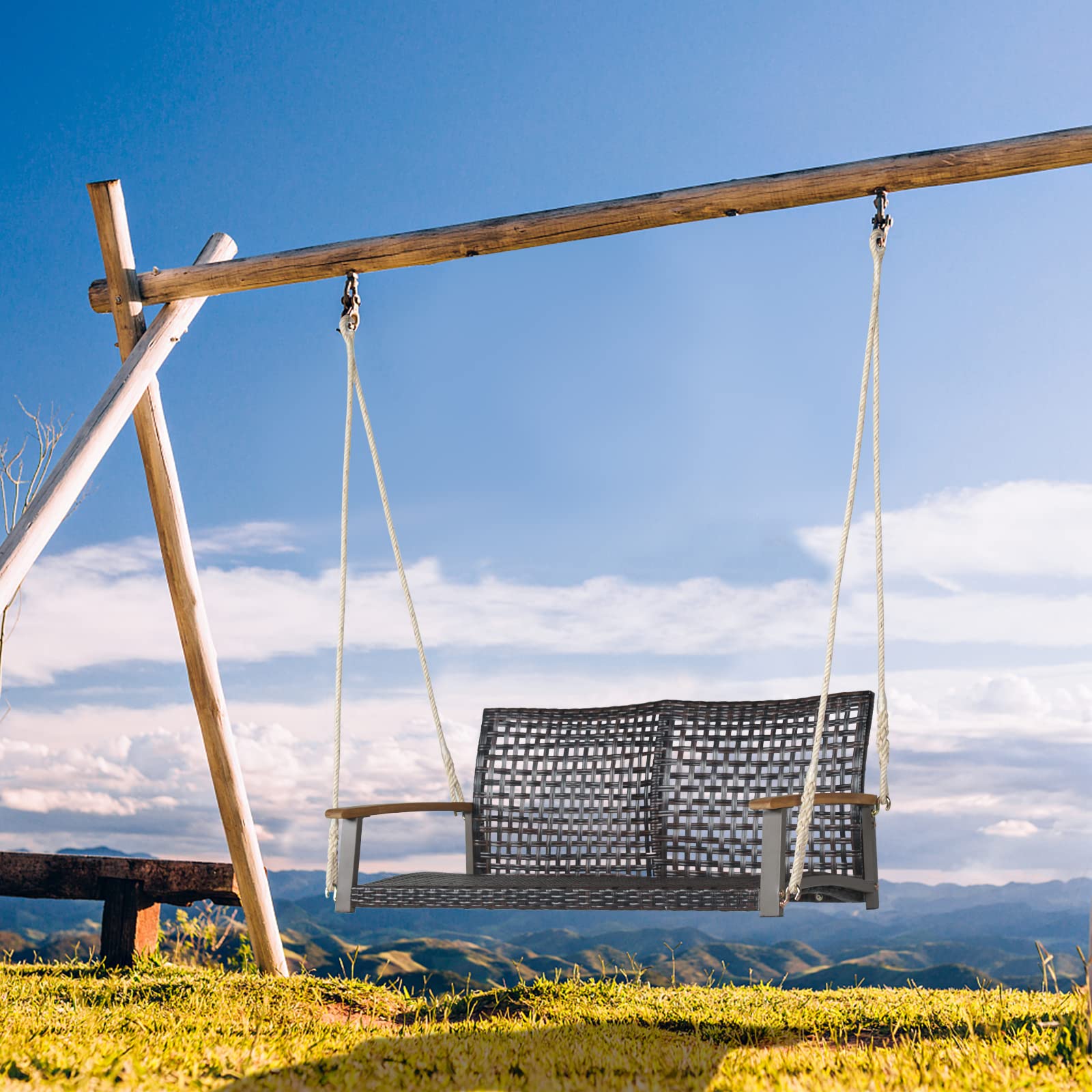 GIANTEX Schaukelbank Outdoor 2 Sitzer, Hängebank PE-Rattan, Gartenschaukel Veranda-Schaukel zum Aufhängen, bis 360 kg belastbar, Hollywoodschaukel Schaukel für Balkon Veranda Terrasse
