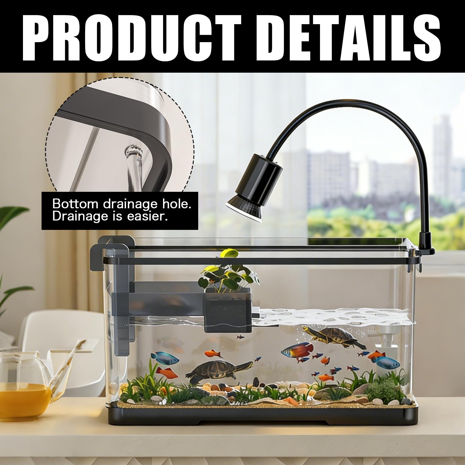 Terrarium Tortue avec Plateforme de Repos et Lampe, Aquarium Tortue Deau avec Plateforme de Repos Suspendue, Petit Terrariums pour Tortues avec Couvercle, Turtle Tank pour Reptiles Amphibiens
