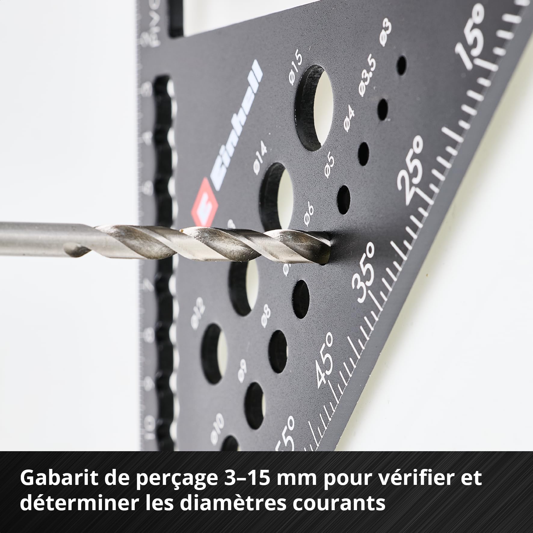 Einhell 2 pièces jeu d’équerres de charpentier, 185/300 mm | Graduations en mm et en degrés | ouvertures de traçage | gabarit de perçage | tableau de conversion pour chevrons | marqueur