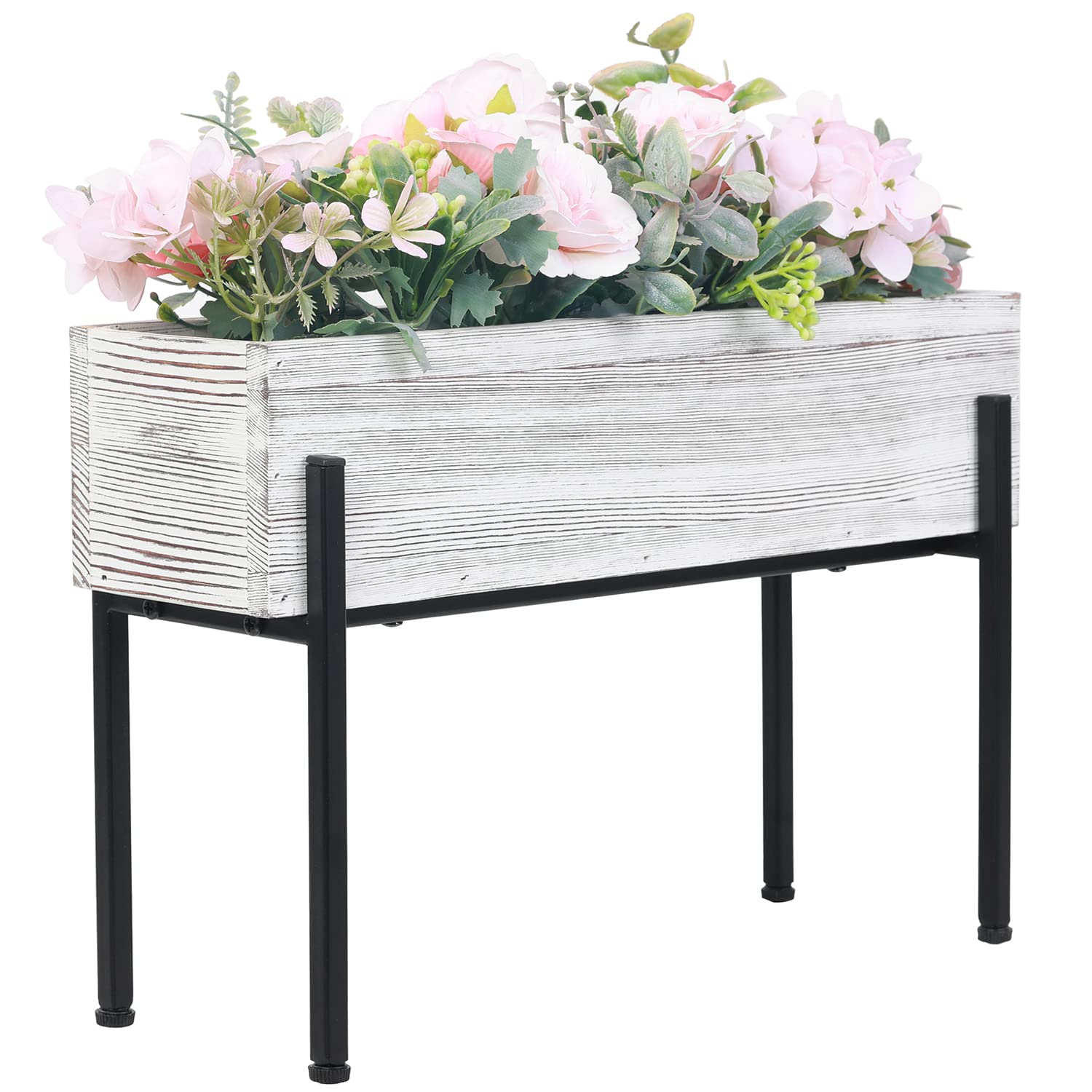MyGift Rustic Whitewashed Wood Planter Box with Stand, Decorative Trough Style Small Indoor Plant Box with Removable Black Metal Stand