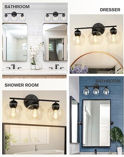 Miniatura 5 de Emak VL114-BKL-3 - Luces de tocador de 3 luces para baño, lámparas negras sobre el espejo, luz de tocador de globo con pantalla de vidrio