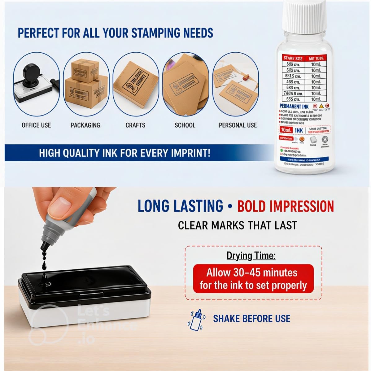 10ml Permanent Waterproof Stamp Ink Refill – Fast Drying Ink for Pre-Inked Stamps | Suitable for Plastic, Metal, Wood, Paper & Non-Porous Surfaces | Blue