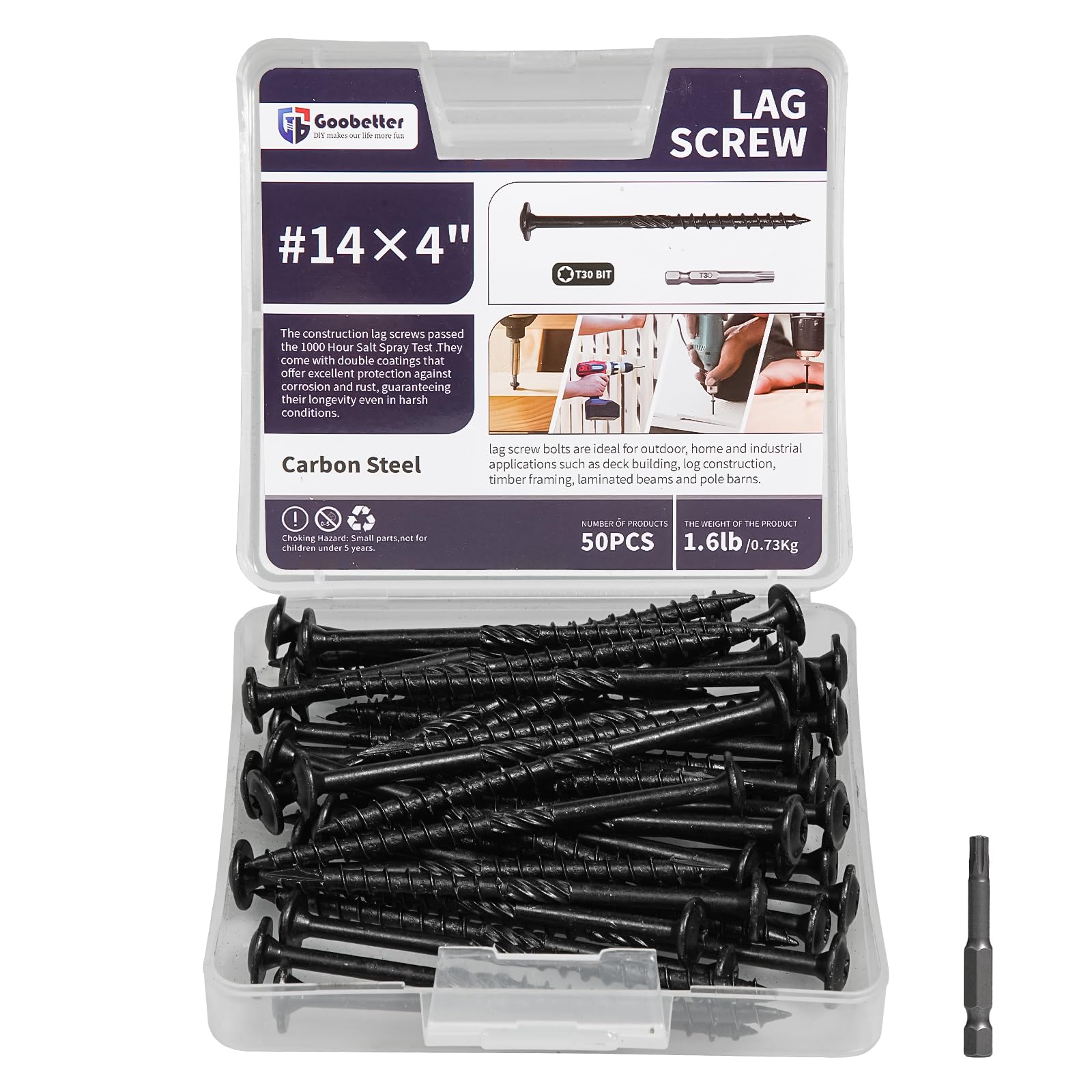 Lag Screws 4 Inch, 50PCS Heavy Duty Construction Screw, Structural Wood Screw #14 x 4, Rust Resistant, Washer Head, Black Coated Exterior Wood/Lag