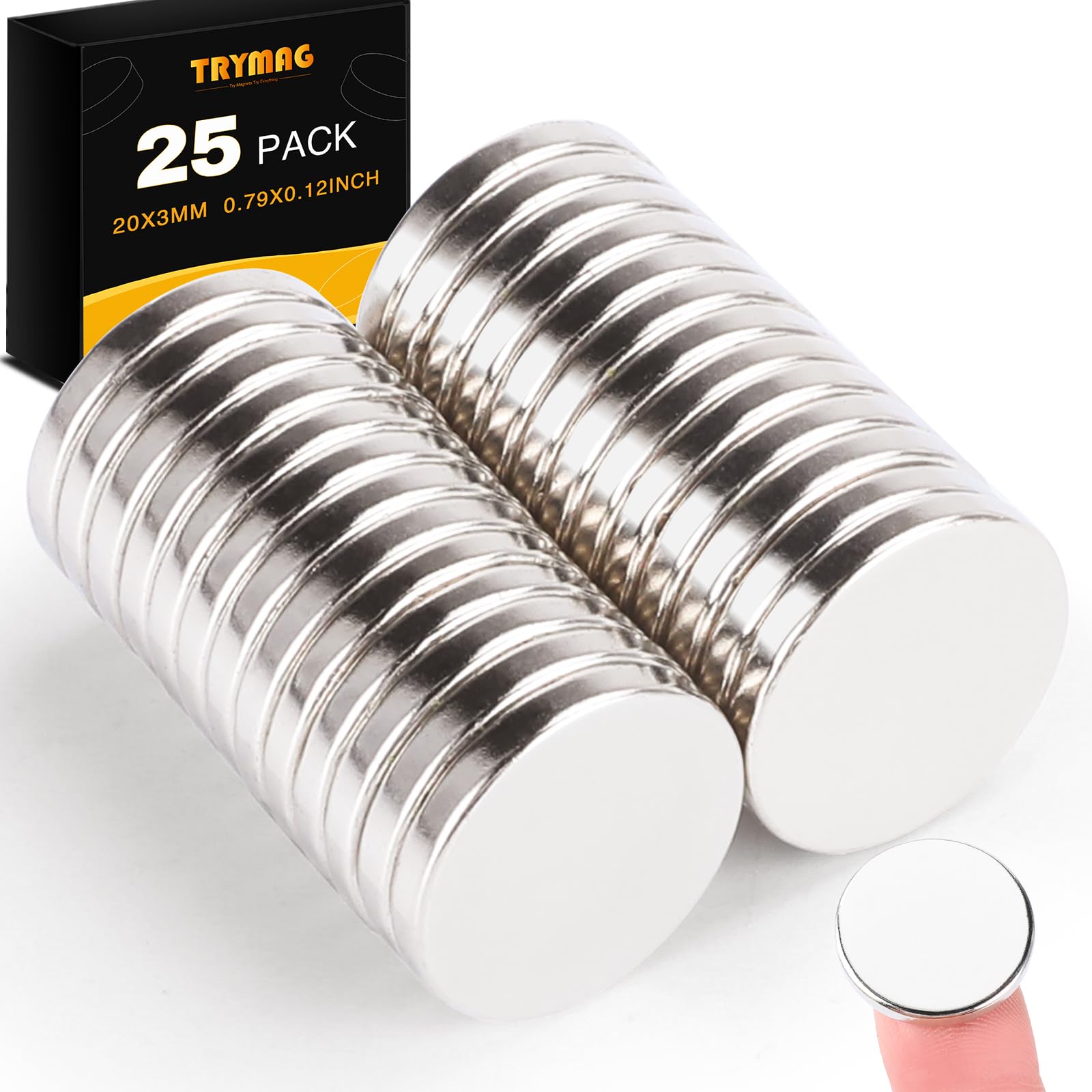 TRYMAG 25Pcs 20x3mm Strong Neodymium Rare Earth Refrigerator Magnets for Crafts, Heavy Duty Magnets Small Round for Office, Whiteboard, Dry Erase Board, Cabinets