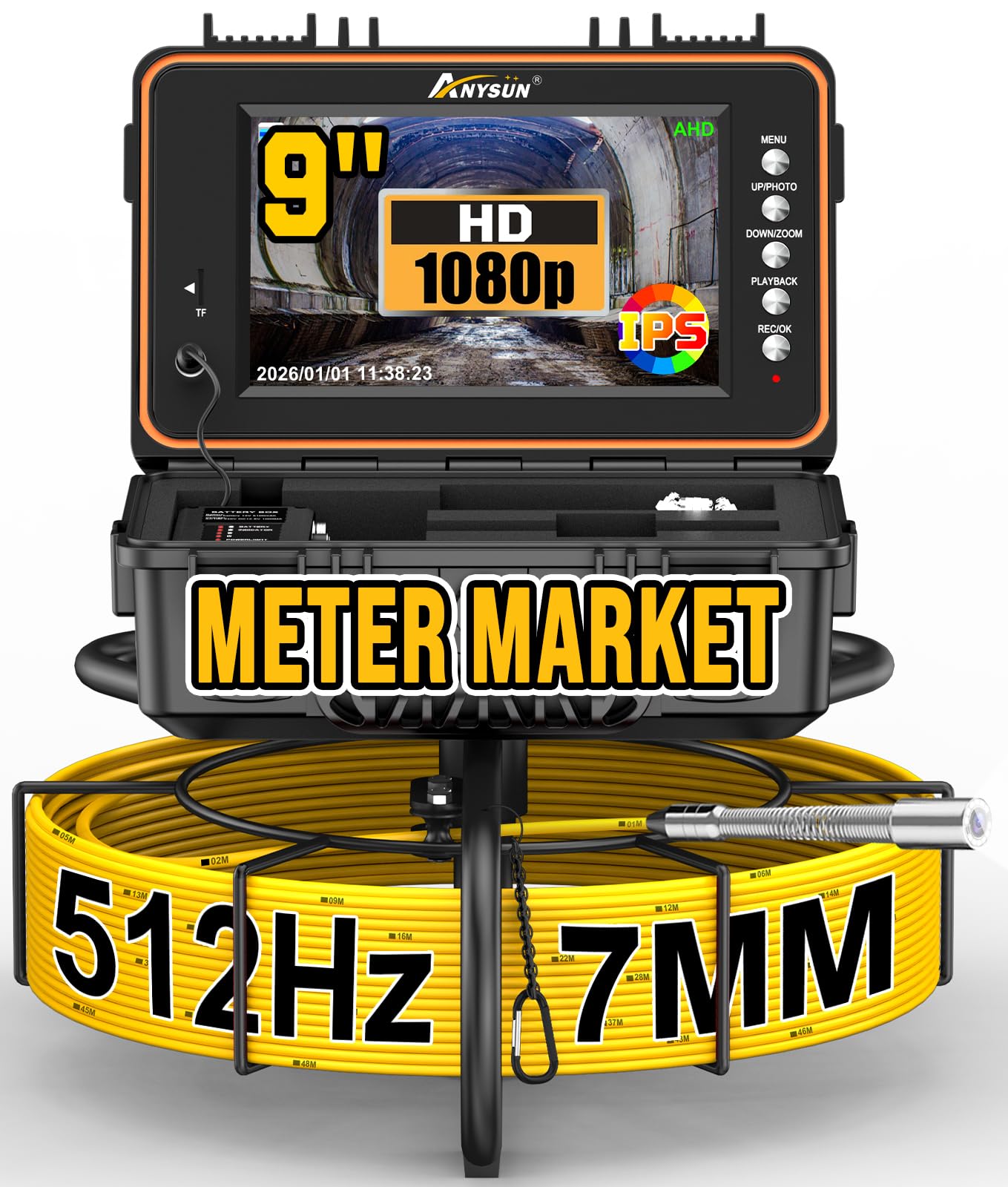 Anysun Caméra d’inspection avec Auto-nivellement, 50M Caméra Canalisation Émetteur 512Hz, 23mm 1080P HD Endoscope Canalisation IP68 Étanche, Écran IPS 9", Câble 7mm, DVR & Carte 32GB, Batterie 5100mAh