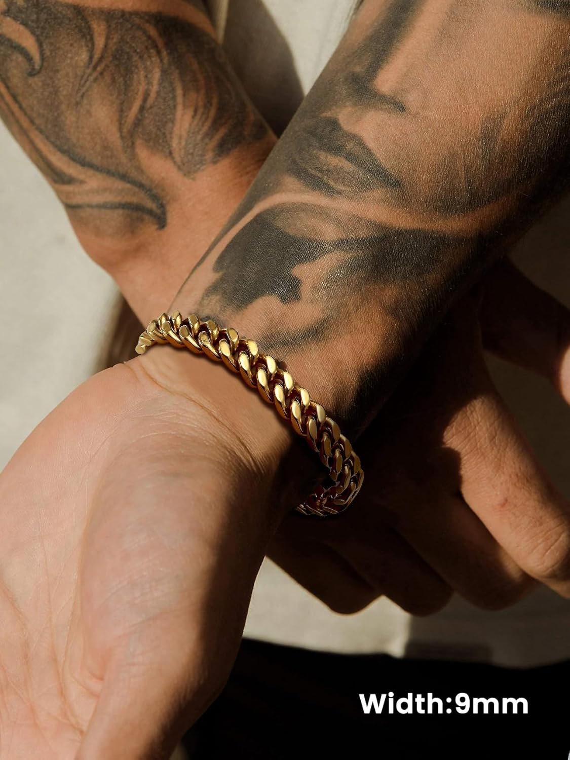 Bestyle Thick Mens Cuban Link Chain Bracelets, Durable Real 18K Gold/Black Metal Plated Solid Stainless Steel Hand Chain Cuban Bracelets for Men, Silver Black Gold Bracelets for Father Husband - Image 4