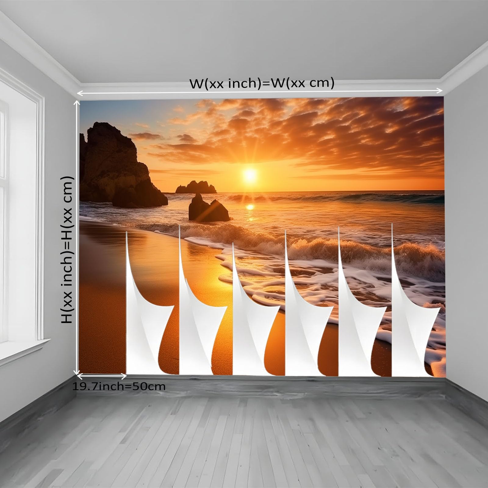 Fototapete Orange Farbe 3D EFFEKT Wandbild UV-Beständig, Natur Sonnenuntergang Strand Meer Wand Dekoration Wandtapete für Wohnzimmer Schlafzimmer Kinderzimmer, 300 x 210 cm