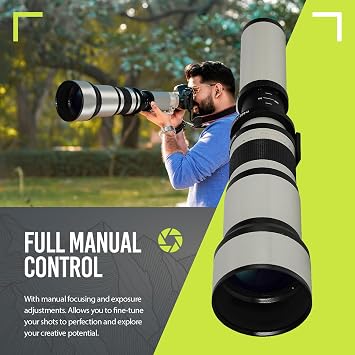 High-Power 650-2600mm f/8 Manual Telephoto Lens for Canon EOS 80D, 90D, Rebel T3i, T5, T6i, T7, T8i, SL3, 60D, 70D, 5D, 6D II, 7D II SLR Cameras - White