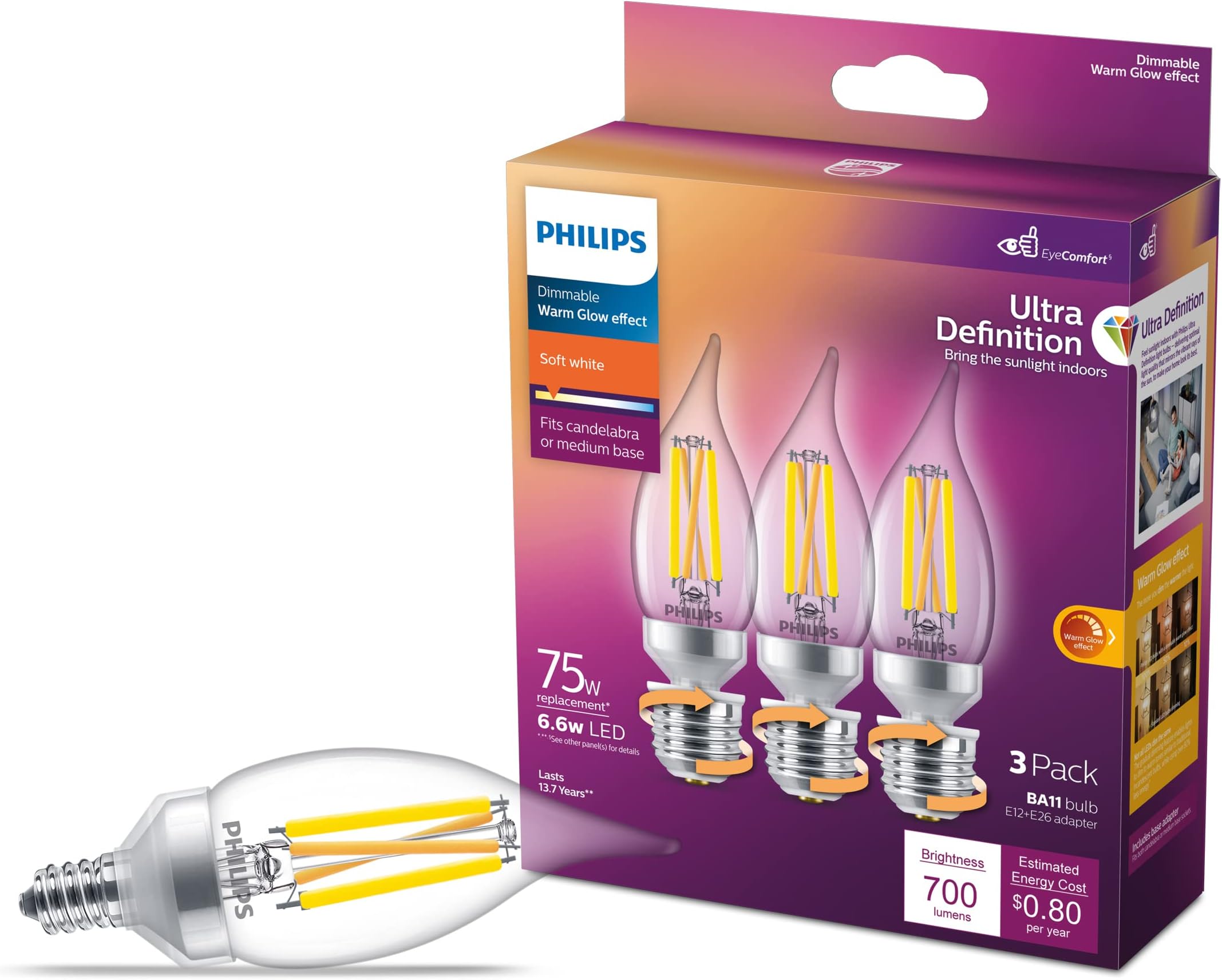 LED 75W BA11 3-Pack Ultra Definition Soft White (2700K) 700 Lumen (6.6W = 75W) Dimmable Clear Flicker-Free Candelabra Light Bulbs Fits E26 or E12 Sockets