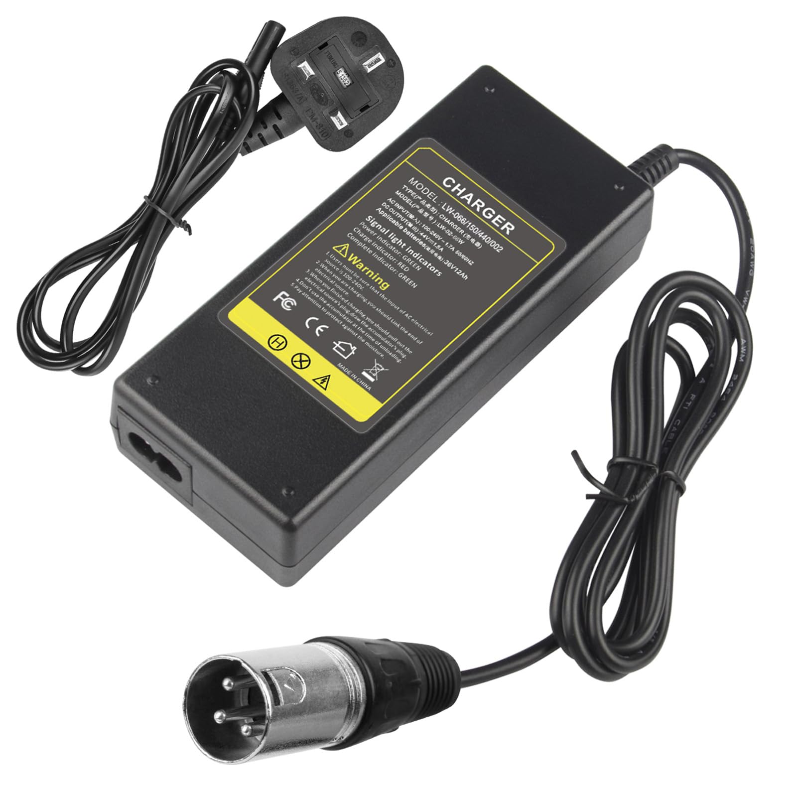 LabTEC 44V 36V 1.5A E Scooter Battery Charger for 36V Lead Acid Battery Electric Bike Scooter Razor MX500 MX650 SX500, Male 3 pin XLR Connector, UK Plug