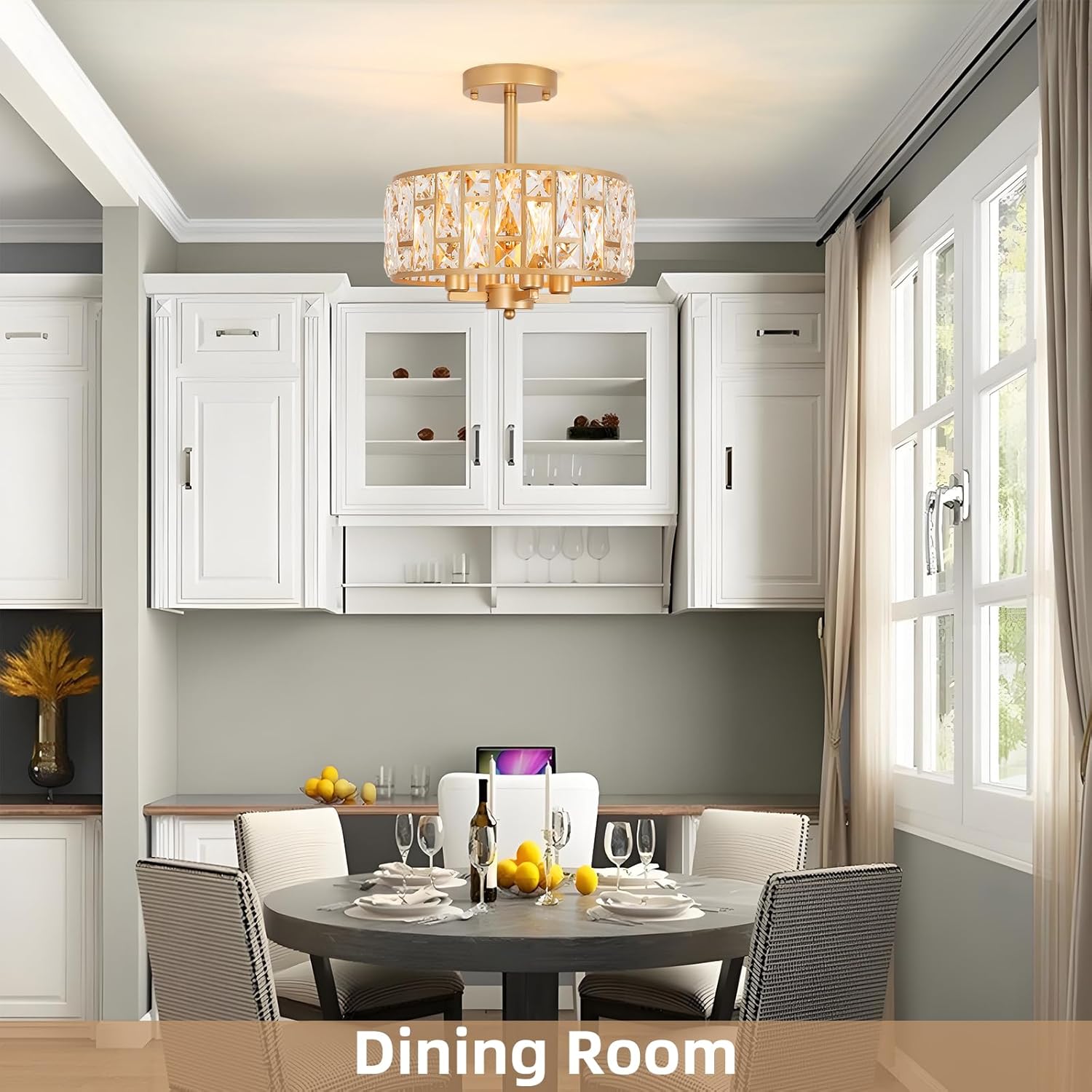 11.2" Gold Modern Crystal Ceiling Light Fixture, 4-Light Semi Flush Mount Chandelier with K9 Crystals for Kitchen Island Dining Room Bedroom Bathroom Hallway, Round Drum Pendant Lighting