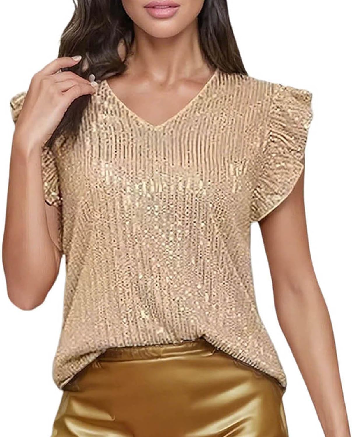 Sequin Tops for Women Ruffled Short Sleeve V Neck Sparkle Going Out Cocktail Blouse Loose Evening Club Party Shirt