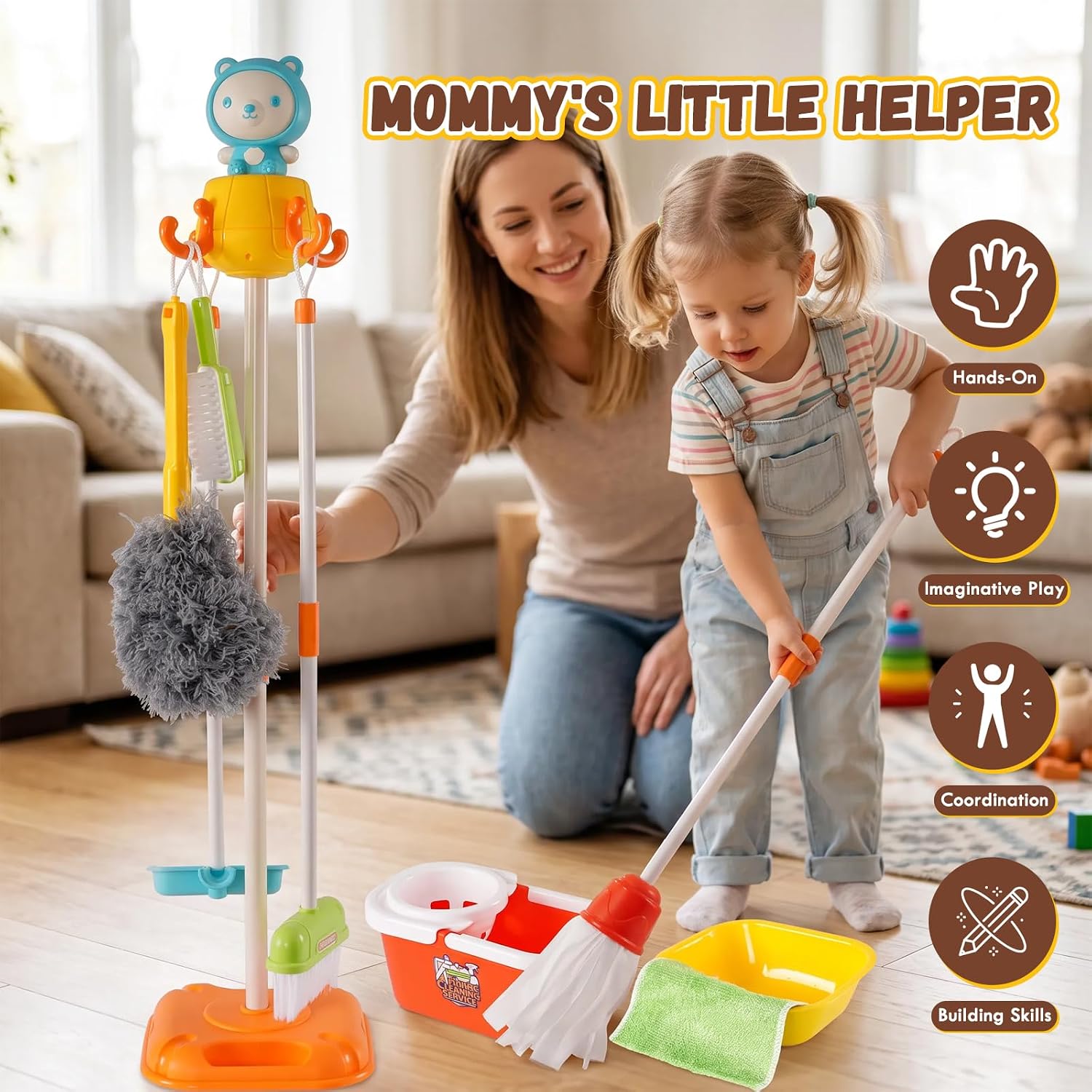 Dust Sweep Mop 22 Piece Pretend Play Set, Toddler Toy Cleaning, Pretend Play Home Cleaning, Kids Broom and Mop Set for Ages 3+