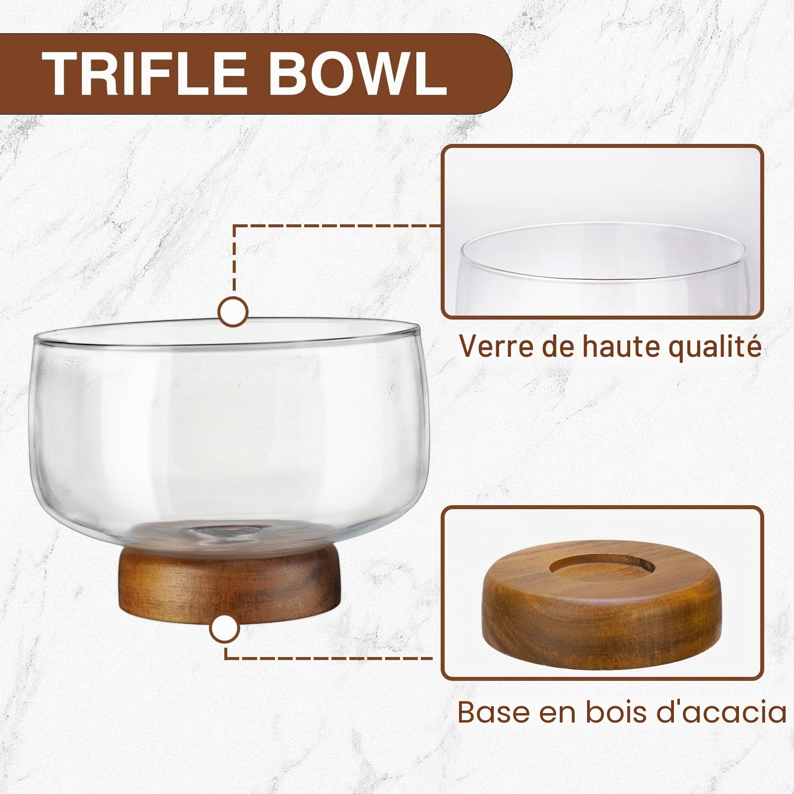 NiHome Grand bol en verre 3,6 l avec support acacia, plat polyvalent pour gâteaux, salades, desserts, présentation élégante pour fêtes, mariages, occasions spéciales