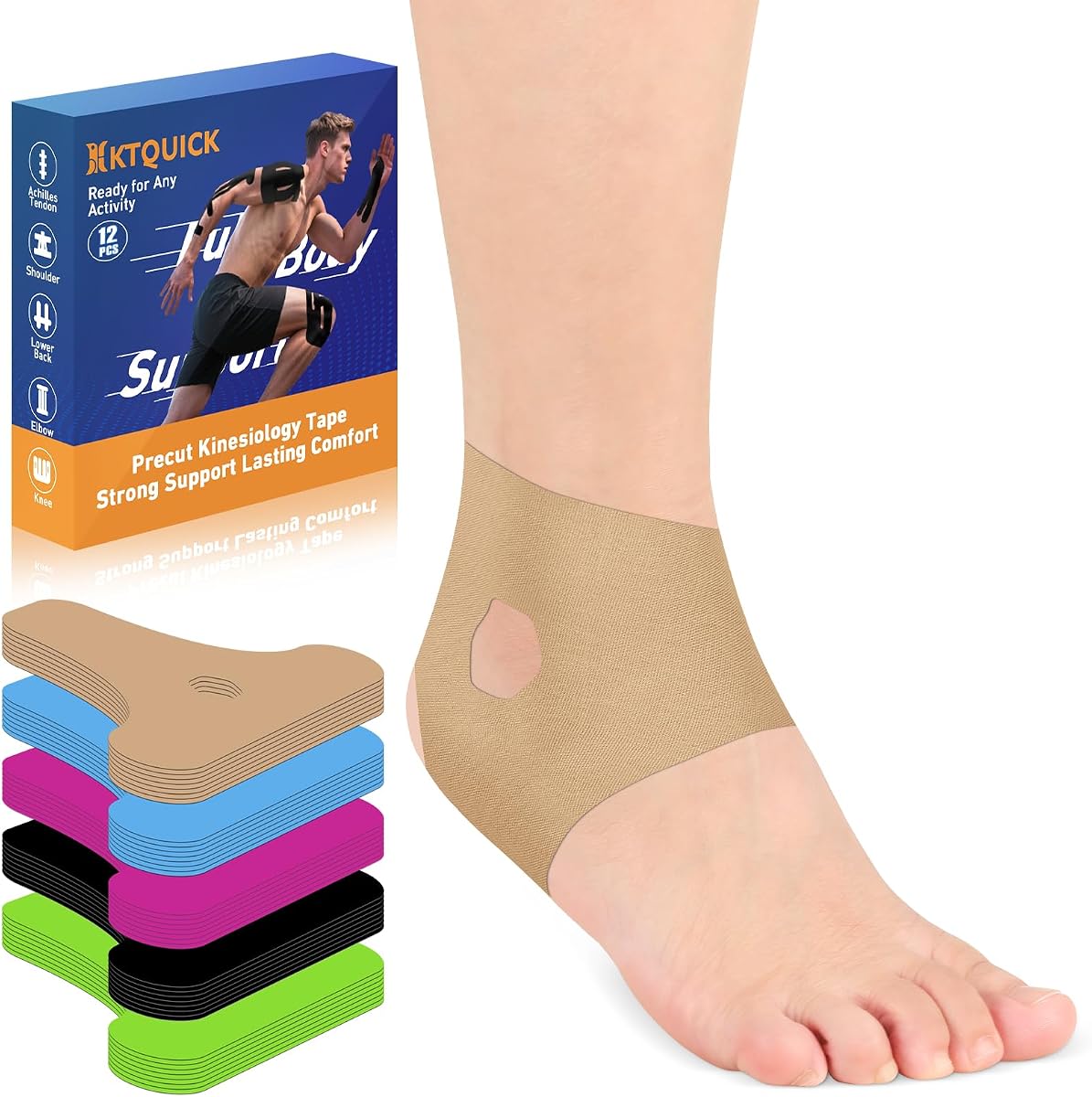 Precut Kinesiology Tape for Ankle,12 Ct,20% Stronger Adhesive,Beige | Precut Ankle Support Tape with Premium Cotton, Breathable, Waterproof Athletic Tape for Running, Training & Hiking