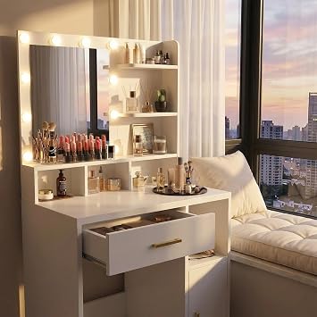AMONIDA Vanity Desk with Mirror and Lights, White Modern Vanity Makeup Table with Mirror and 10 Dimmable LED Bulbs, 3 Color Adjustable Lighting Makeup Dressing Table for Bedroom