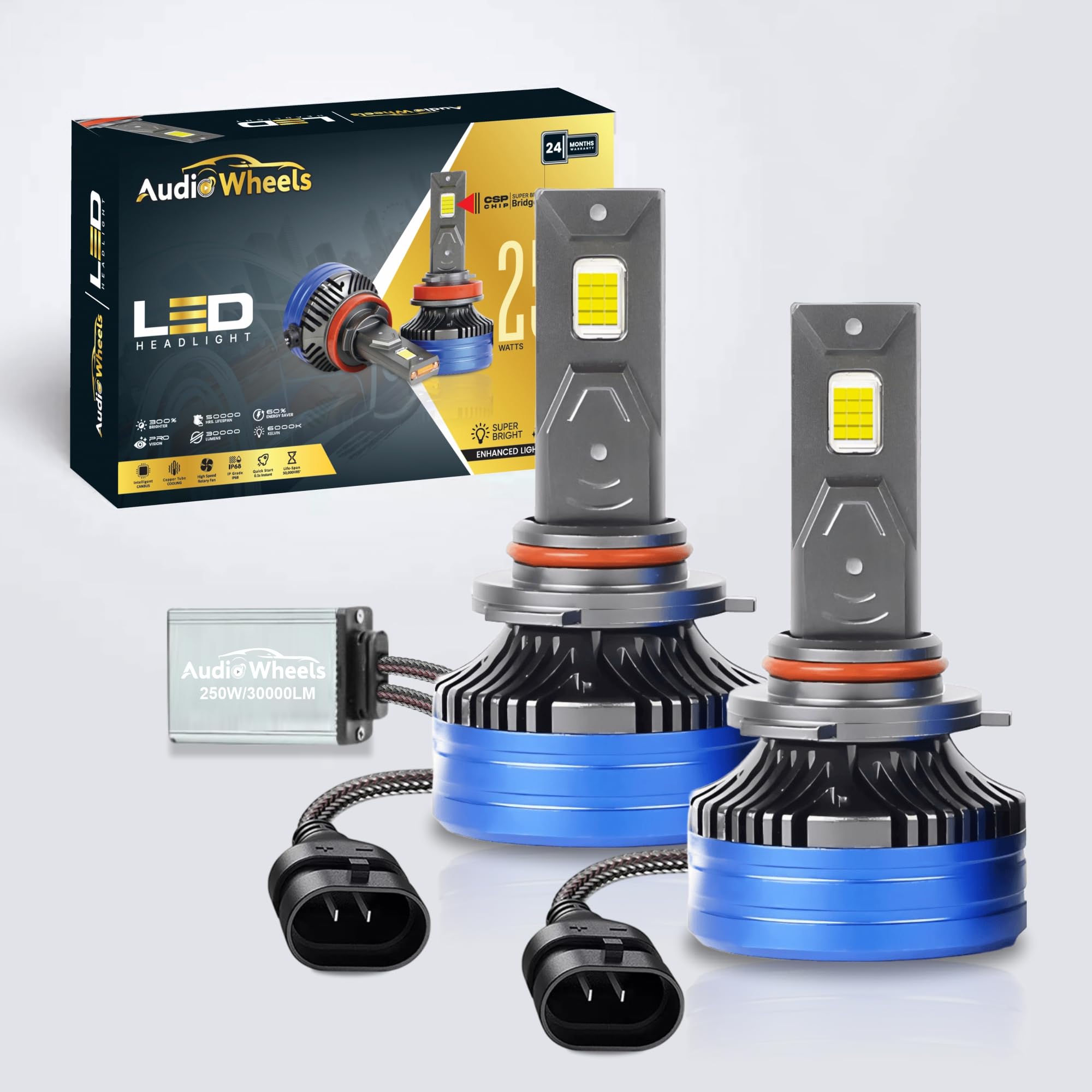 Audio Wheels 9005/HB3-250W LED Headlight Bulbs – 30,000 Lumens Ultra-Bright, 6000K Cool White – IP68 Waterproof, Plug & Play Conversion Kit – 50,000+ Hrs, 2-Year Warranty