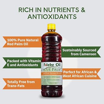 Folebe Oil 1L 100% Pure Natural Red Palm Oil Authentic Cameroonian Palm Oil for Cooking Cold-Pressed from Palm Pulp Rich in Nutrients, Carotenoids, Natural Vitamin E