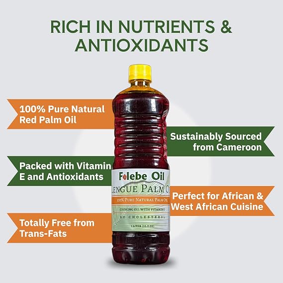 Folebe Oil 1L 100% Pure Natural Red Palm Oil Authentic Cameroonian Palm Oil for Cooking Cold-Pressed from Palm Pulp Rich in Nutrients, Carotenoids, Natural Vitamin E