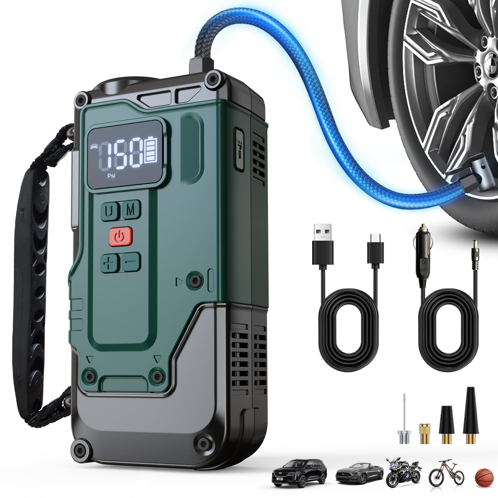 Cordless Tire Inflator Portable Air Compressor - 8000mAh & 12V DC Dual Power, 8X Faster, 150 PSI Air Pump for Car Tires, Bicycle, Motorcycle, Ball,