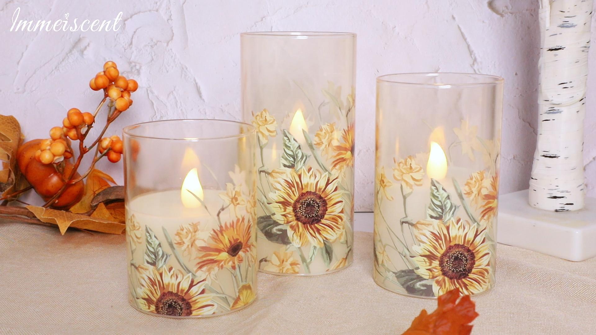 Image of Sunflower Glass Flameless Candles Battery Operated with Remote Timer Flickering LED Pillar Candles Summer Fall Decorations Gifts for Women Mothers Day Birthday Table Centerpieces, Set of 3