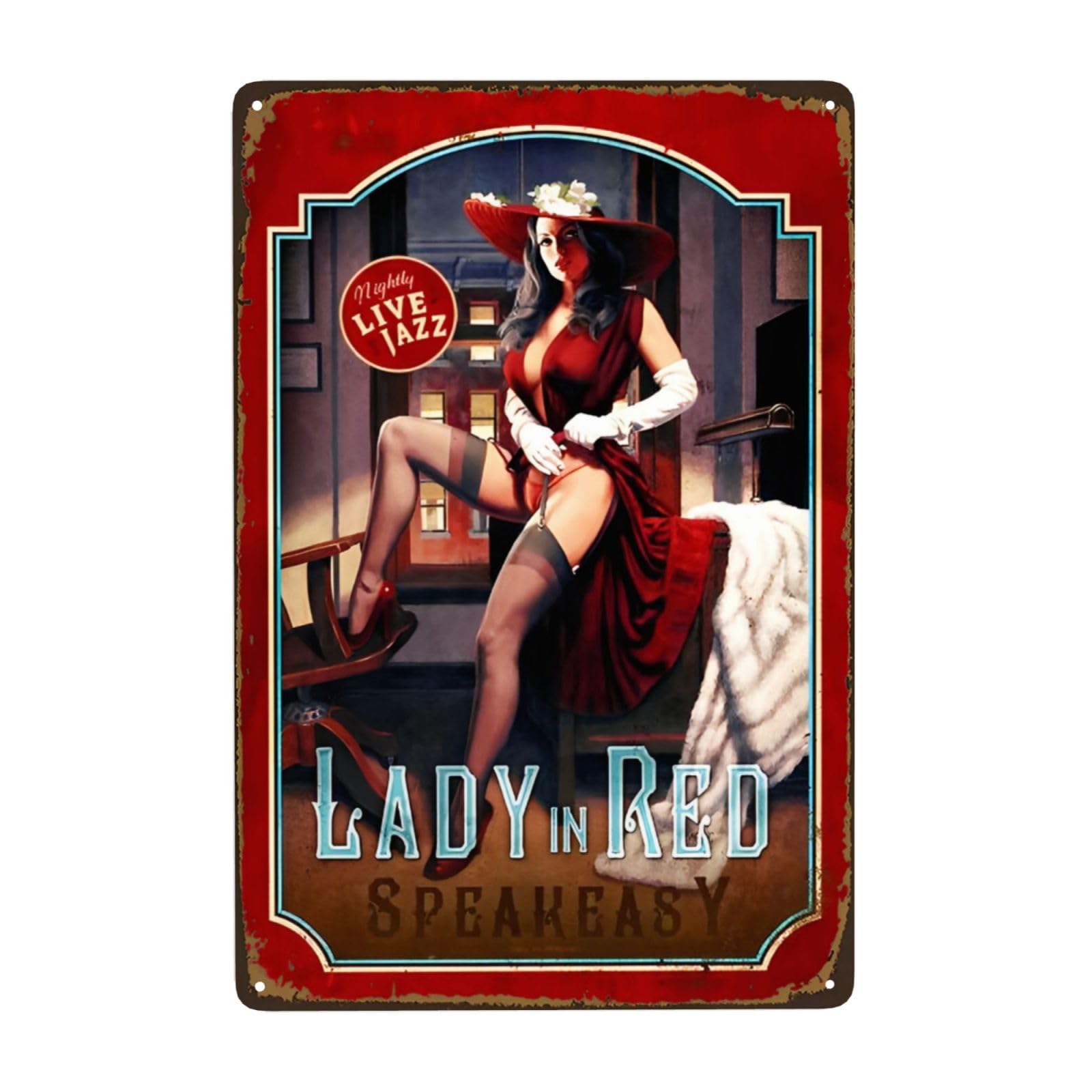 Vintage Metal Sign, Lady in Red Pin Up Girl Sexy Girl Speakeasy Tin sign, Funny Decor Poster for Home Man Cave Bar Garden Garage Wall Plaque Iron Sign 20 x 30 cm