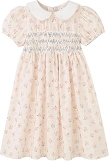 Vintage Smocked Cotton Dress for Toddler & Little Girls Short Sleeve with Peter Pan Collar