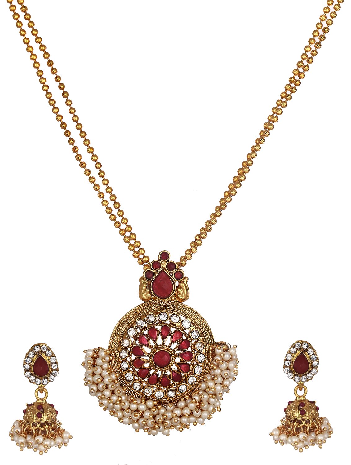 ZENEME Pendant Gold Plated Brass Dazzling Pearls Teardrop Style Red Colour Dual Strand Necklace Style Pendant With Drop Earring Jewellery For Girl and Women (B01KM8O2G2) Amazon Price History, Amazon Price Tracker