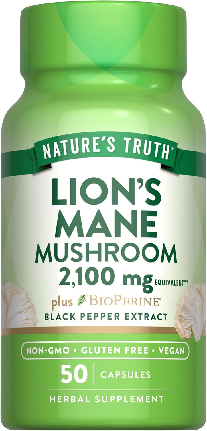 Nature’s Truth Lions Mane Supplement Capsules | 2100mg | 50 Count | with BioPerine | Vegan, Non GMO & Gluten Free Extract Formula