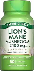 Nature's Truth Lions Mane Mushroom Supplement | 2100mg | 50 Capsules | with BioPerine | Vegan, Non GMO &amp; Gluten Free Supplement