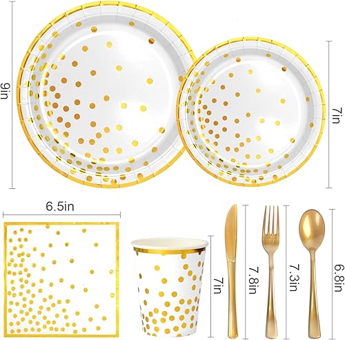 Miniatura 2 de Suministros de fiesta de papel de oro blanco 50 platos de papel, 50 platos de postre, 50 servilletas, 50 tazas, 50 cuchillos, 50 tenedores, 50