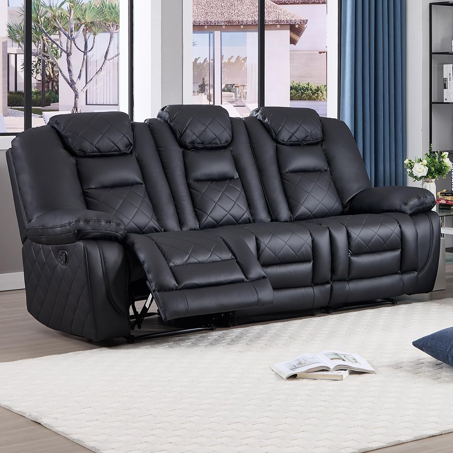 EBELLO Faux Leather Manual Reclining Sofa, 3 Seat Recliner Sofa Chair with Overstuffed Armrest and Backrest, Couch Furniture for Home Theater Living Room, Meeting Room, Black