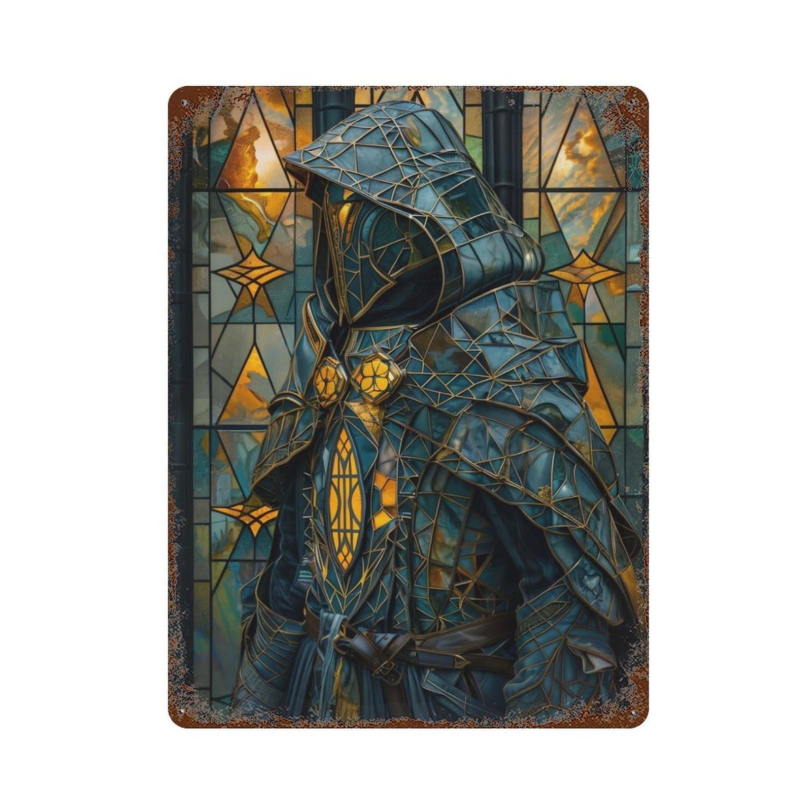 Garage Style Stained Glass Paladin Rusty Metal Tin Sign 15.7"x11.8", Industrial Home Decor for Bar And Workshop