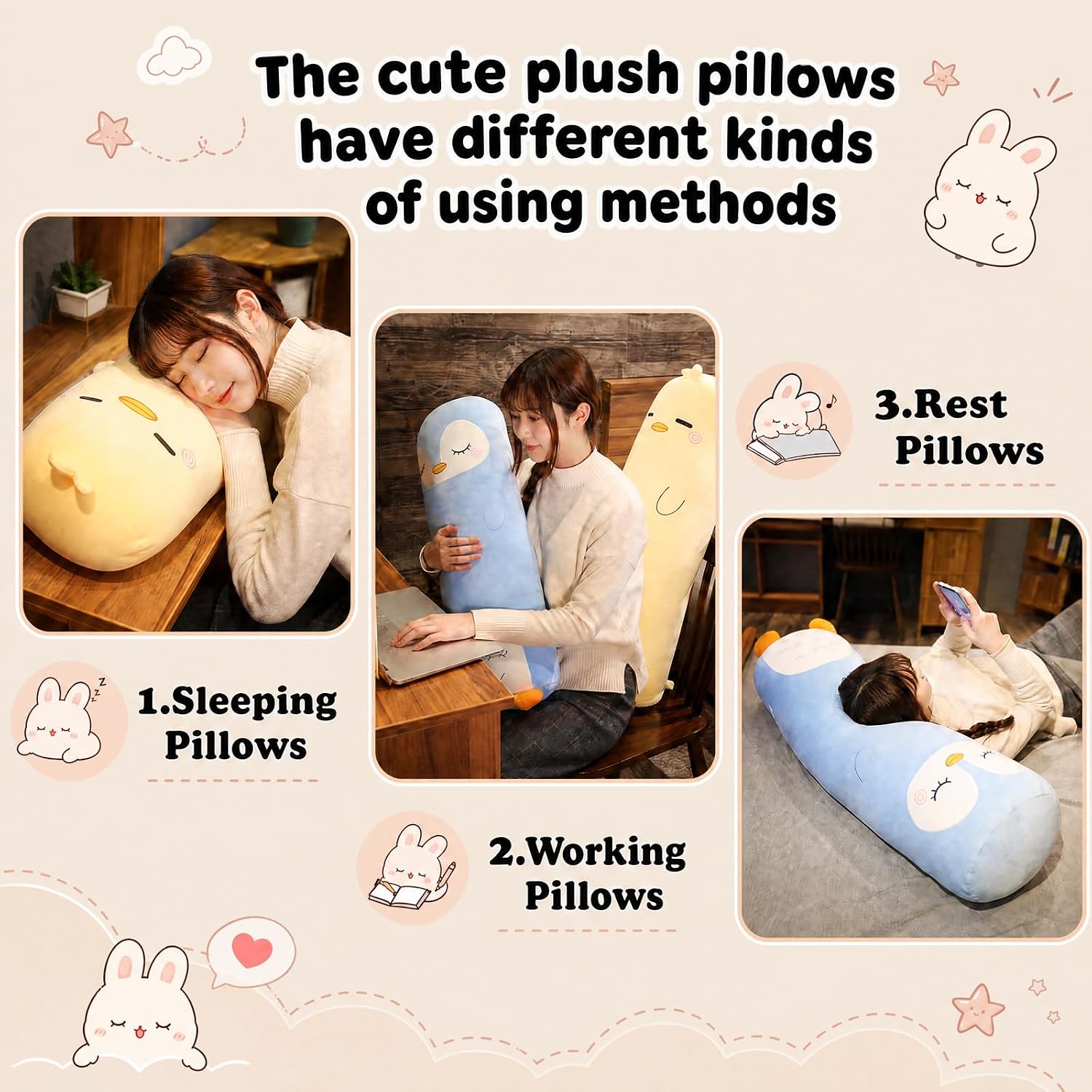 Long Plush Cute Body Pillows 27" Cuddle Stuffed Animal Shaped Bed Body Pillows Soft Cotton Plushies Doll Toy Gifts (Bunny, 27 Inch)