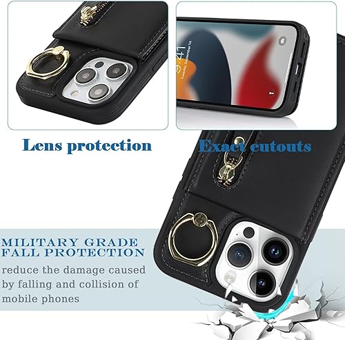 Miniatura 5 de DEYHU Funda para iPhone 13 Pro con tarjetero para mujer, iPhone 13 Pro con tarjeta de crédito con anillo, cremallera y soporte, a prueba de golpes,