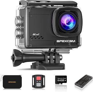 Apexcam 4K 60FPS 64MP EIS WiFi Action Camera, 40M Waterproof with 64GB Card, Remote, 2x1350mAh Batteries