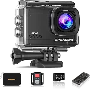 Apexcam 4K 60FPS 64MP WiFi Action Camera with 64GB Card, Waterproof Up to 40M, 2.0' LCD, Remote Control & Accessories