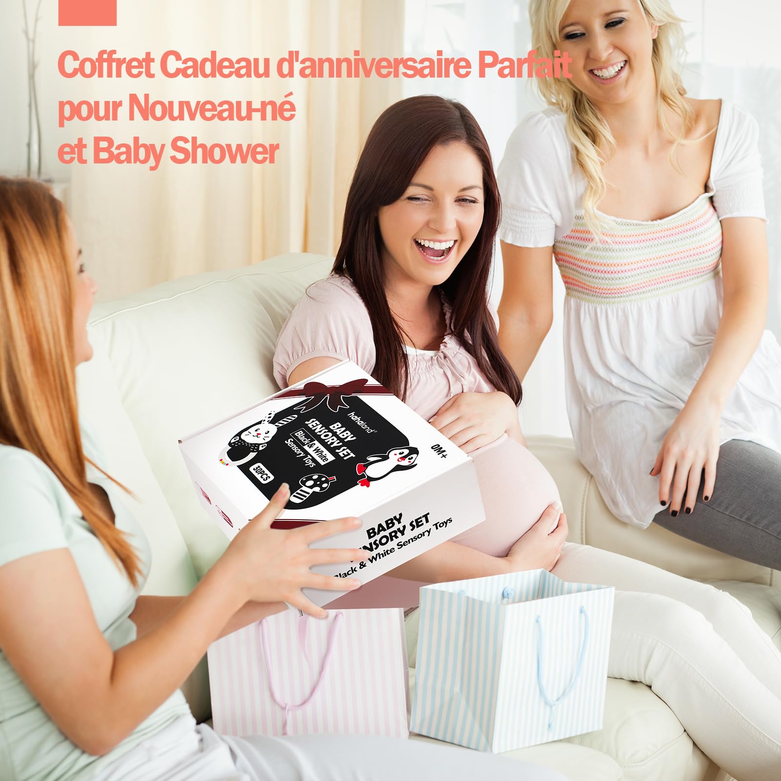 hahaland Jouet Bébé pour 0-3 Mois Carte Flash Blanc et Noir et Anneau Dentition Jouet Montessori pour Bébé Eveil 0-6 Mois Cadeau Naissance Garcon Fille